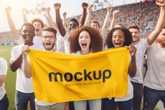 Download Football Fans Hold a Flag Mockup - Premium Resources